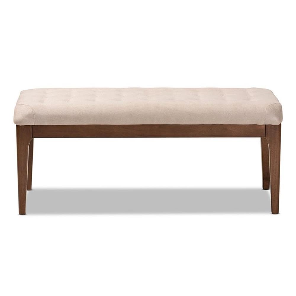 Baxton Studio Walsh Mid-Century Modern Beige Fabric Upholstered and Walnut Brown Finished Wood Dining Bench