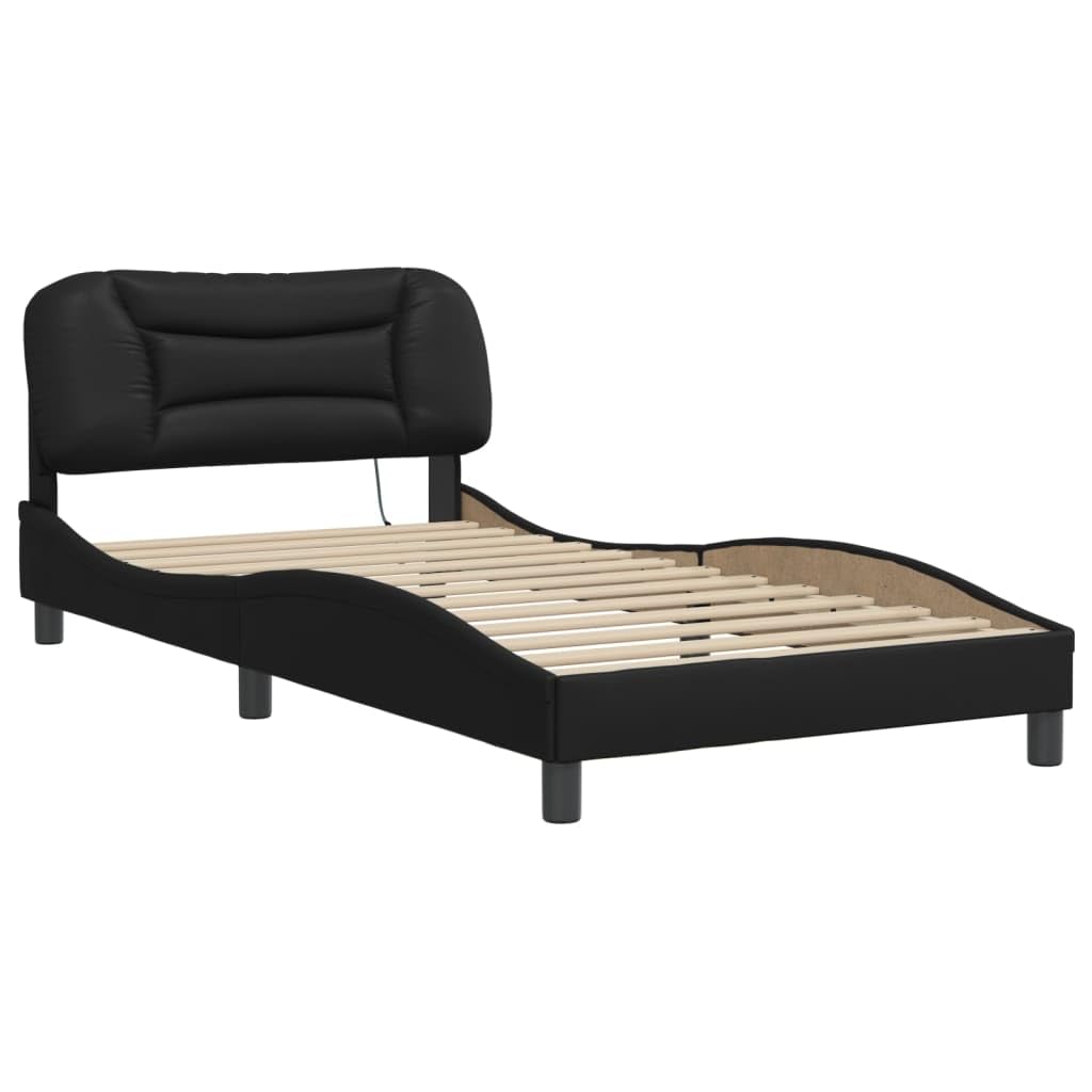 vidaXL Black Twin Size Bed Frame with Foam Headboard and LED Strip Lighting - Contemporary Faux Leather Upholstery - Bedroom Furniture