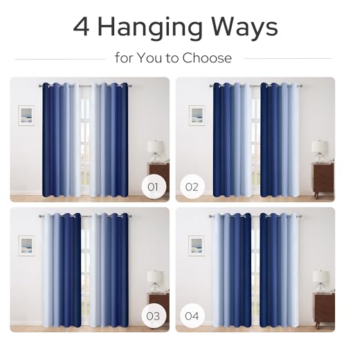 Homeideas Navy Blue Ombre Blackout Curtains, 52 X 96 Inch Length Gradient Color Room Darkening Curtains With Grommet Thermal Insulated Window Curtains & Drapes For Living Room, Bedroom, 2 Panels