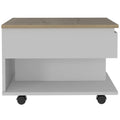 Babel 22-inch Wide Lift Top Coffee Table with Caster Wheels and 1 Shelf, White/Light Oak