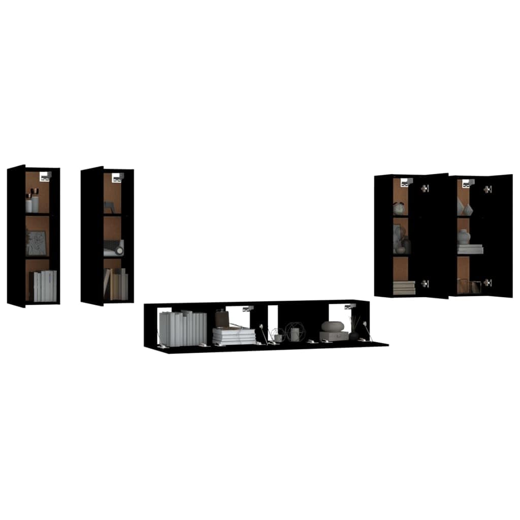 vidaXL TV Stand Set 6 Piece, Wall Mounted Entertainment Center, TV Stand Console with Storage, Modern Style, Black Engineered Wood