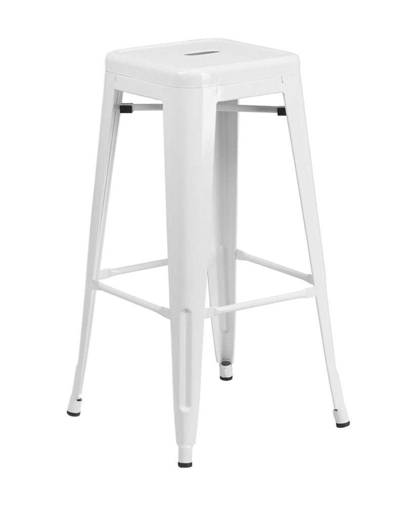 Flash Furniture Stone Commercial Grade 23.75" Square White Metal Indoor-Outdoor Bar Table Set with 2 Square Seat Backless Stools