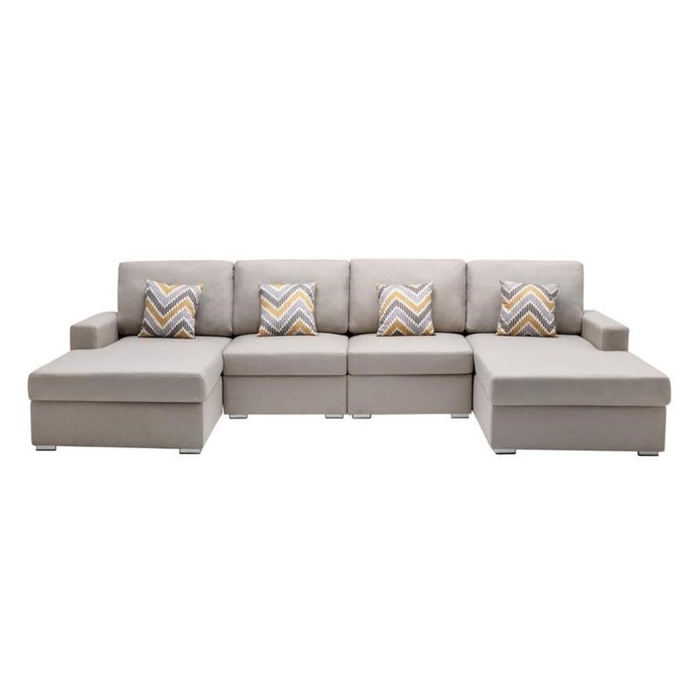 Lilola Home Nolan Beige Linen Fabric 4Pc Double Chaise Sectional Sofa with Pillows and Interchangeable Legs