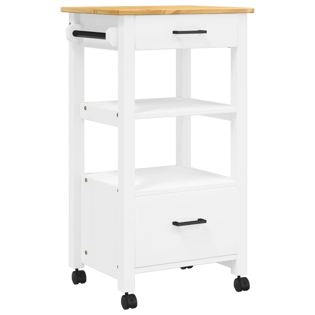 vidaXL Solid Pine Wood Kitchen Trolley - White/Honey Wax Finish, 2-Drawer Organizer Cart on Wheels for Kitchen/Living Room, 18.9x15.7x35.4 inch