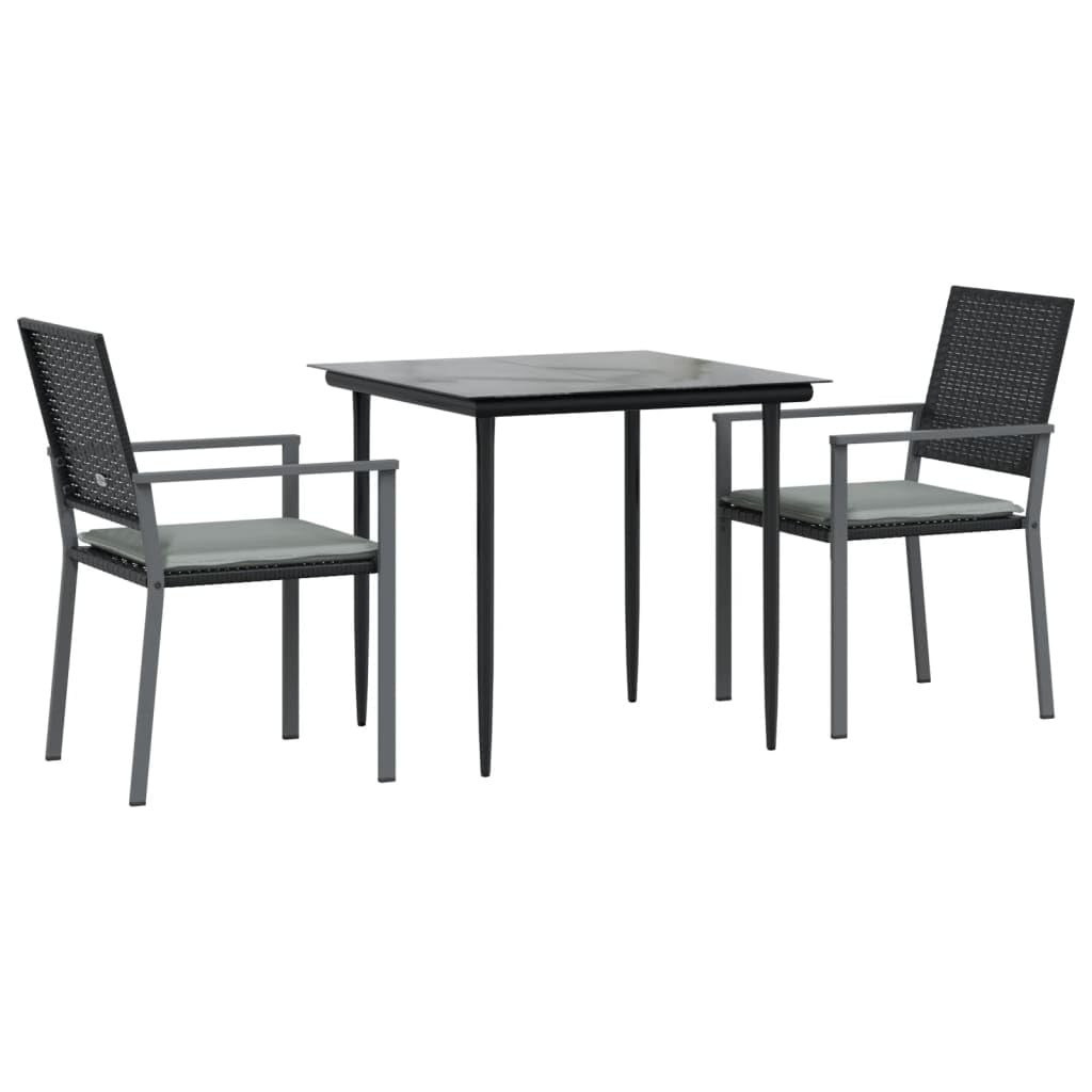 &quot;vidaXL 3 Piece Patio Dining Set with Cushions in Black, Outdoor Poly Rattan and Steel Furniture for Garden, Patio - Includes Table and Chairs&quot;