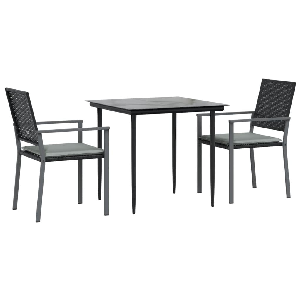 "vidaXL 3 Piece Patio Dining Set with Cushions in Black, Outdoor Poly Rattan and Steel Furniture for Garden, Patio - Includes Table and Chairs"