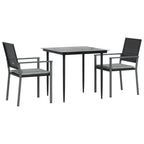 "vidaXL 3 Piece Patio Dining Set with Cushions in Black, Outdoor Poly Rattan and Steel Furniture for Garden, Patio - Includes Table and Chairs"