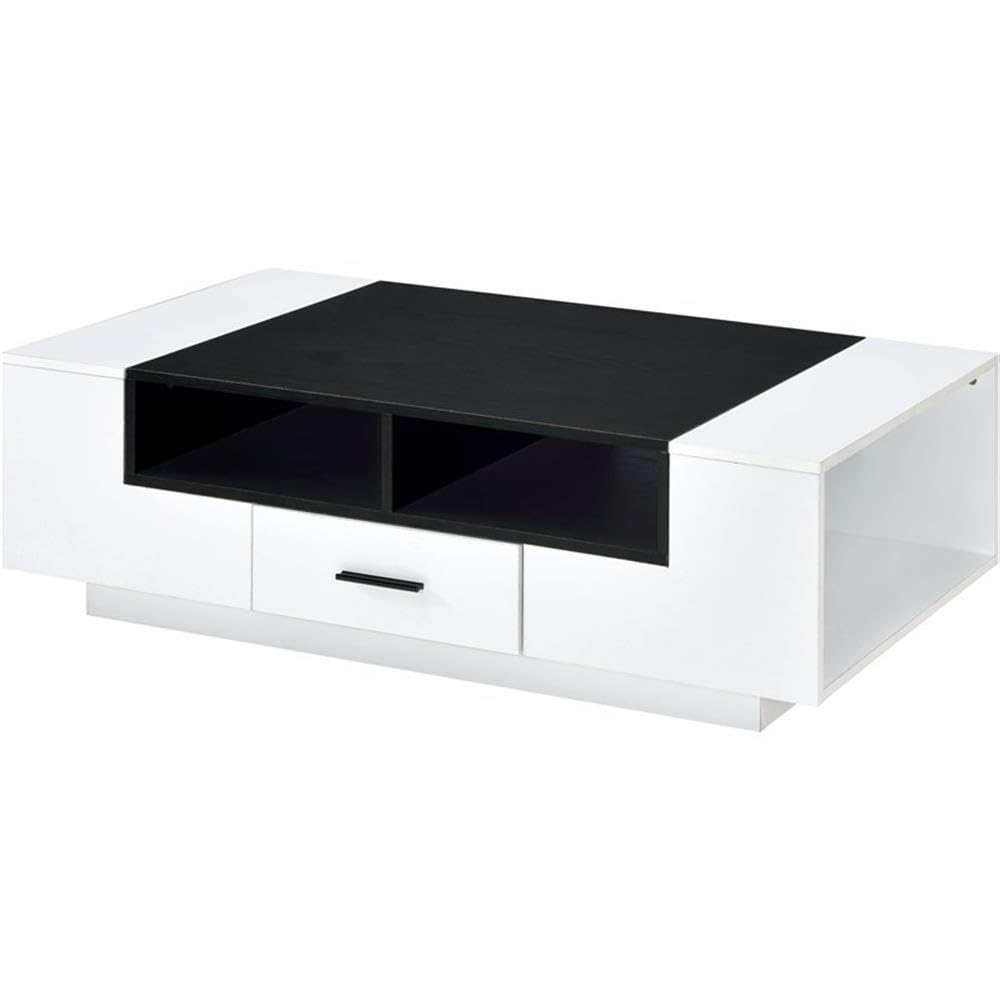 Acme Armour 1-Drawer Wooden Coffee Table with Compartments in White and Black