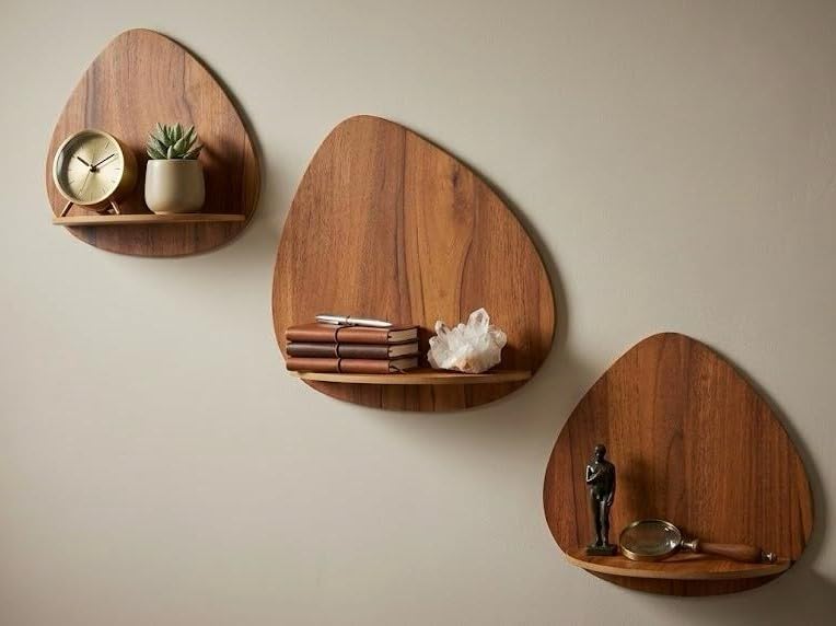 Bien Verrerie Floating Wooden Wall Shelves Set Of 3  Organic Pebble Shaped Teardrop Display Ledge For Bedroom, Living Room & Bo