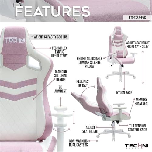 Techni Sport 17" Modern Fabric Ergonomic Gaming Chair in Pink/White