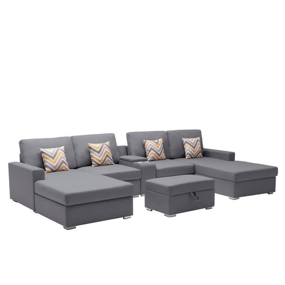 Lilola Home Nolan Gray Linen Fabric 6Pc Double Chaise Sectional Sofa with Interchangeable Legs, Storage Ottoman, Pillows, and a USB, Charging Ports, Cupholders, Storage Console Table