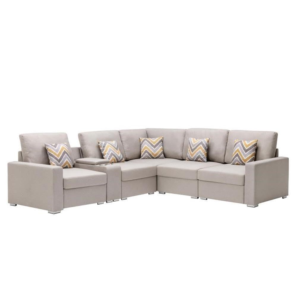 Lilola Home Nolan Beige Linen Fabric 6Pc Reversible Sectional Sofa with a USB, Charging Ports, Cupholders, Storage Console Table and Pillows and Interchangeable Legs