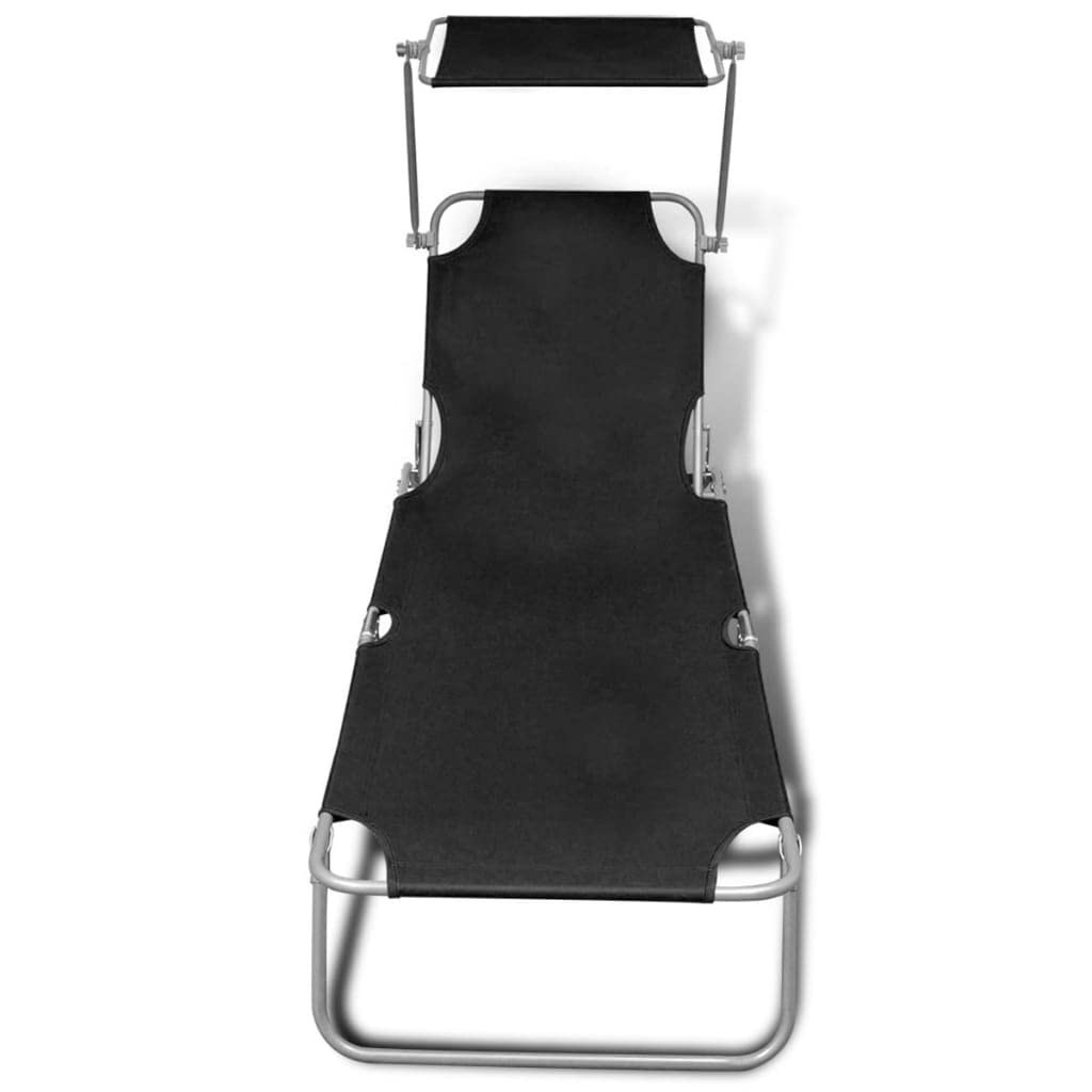 vidaXL Folding Sun Lounger with Canopy - Adjustable Backrest and Canopy, Weatherproof Steel Frame, Easy Storage and Transport, Black Fabric, Maximum Load 264.6 lbs