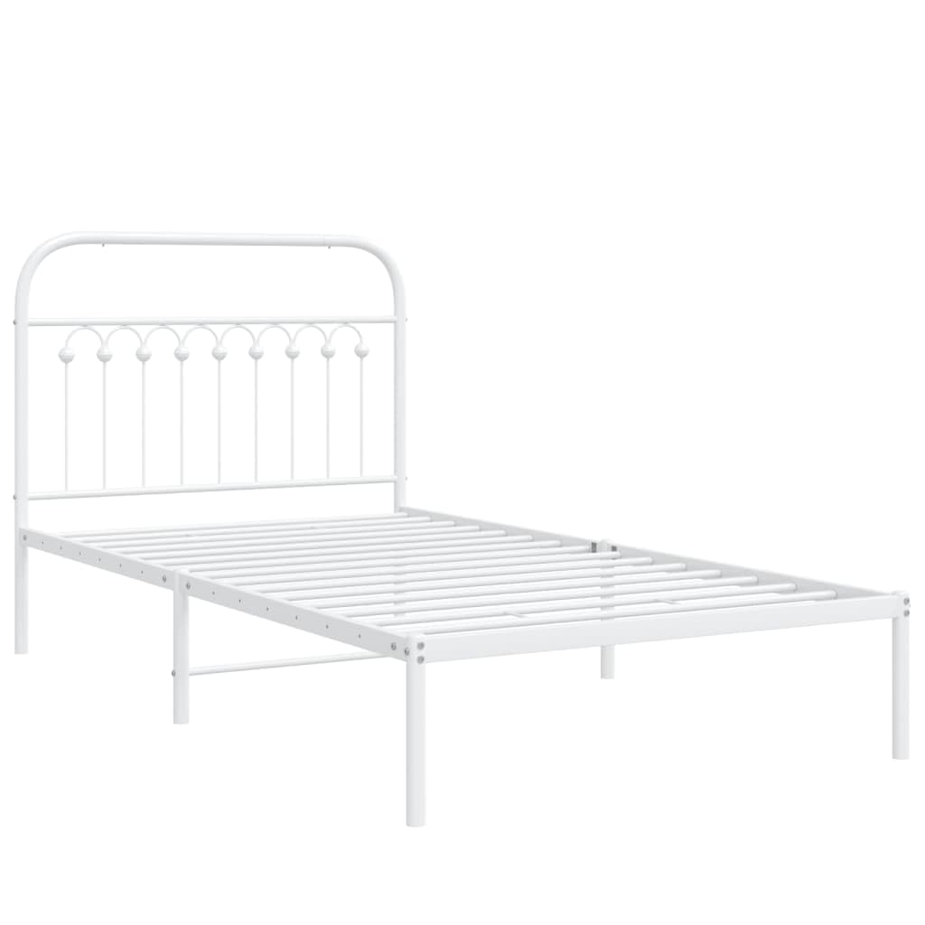 vidaXL Metal Single Bed Frame with Headboard, Steel, White, 39.4"x78.7", Storage Space, Mattress Support
