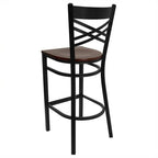 Flash Furniture HERCULES Series Black ''X'' Back Metal Restaurant Barstool - Mahogany Wood Seat
