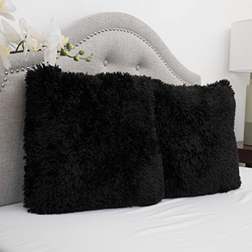 Sweet Home Collection Throw Pillows Plush Faux Fur Soft Fuzzy Pillows 18' X 18' - Set Includes 2 Full Pillows, Black (Pack Of