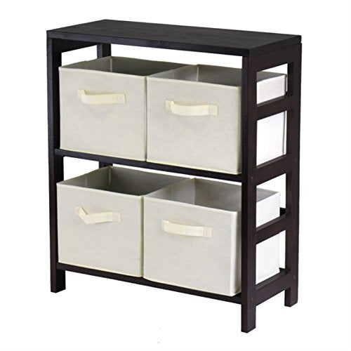 Ergode Wood Omaha Storage Rack | 2 Foldable Baskets | Black Finish | Sturdy Shelves | Easy Assembly | Ideal for Organizing Any Room | (92861-VV)