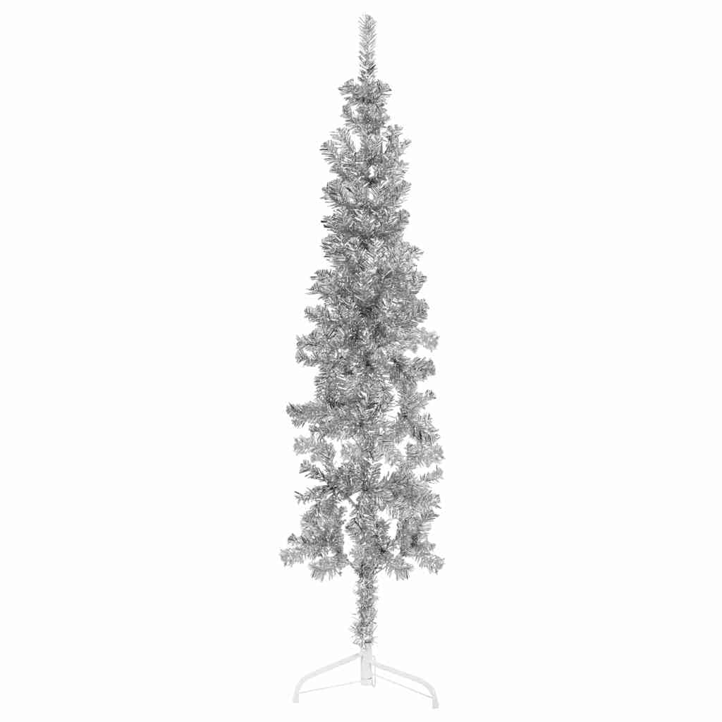 vidaXL 5ft Slim Artificial Half Christmas Tree with Stand - Silver, PVC Material, Space-Saving and Economical Xmas Tree for Modern Home