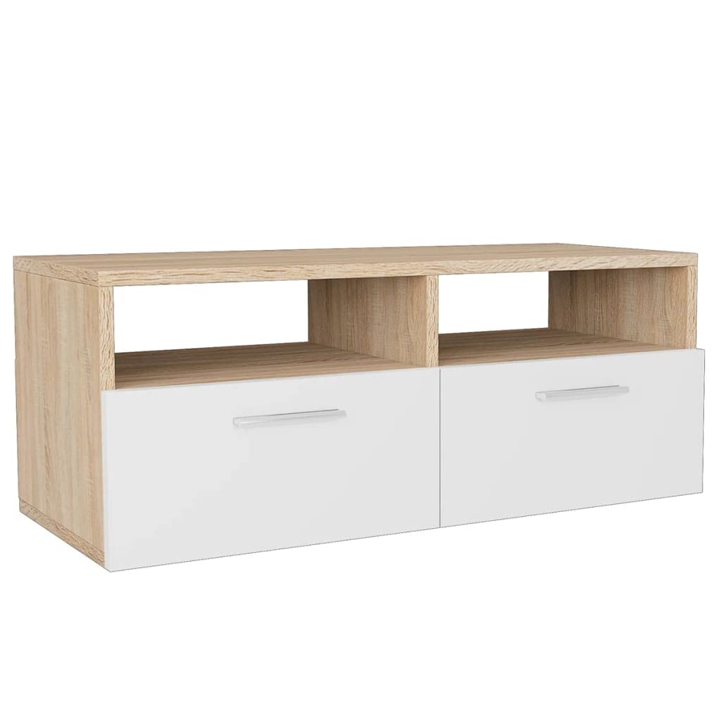 vidaXL 37.4&quot; Engineered Wood TV Stands with PVC Edges - Oak and White - Modern Design with Ample Storage - Set of 2