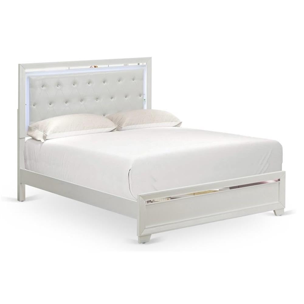 East West Furniture PA05-Q00000 Pandora Wooden Queen Bed - Adjustable LED Lighting Headboard Wood Bed Frame - White Finish