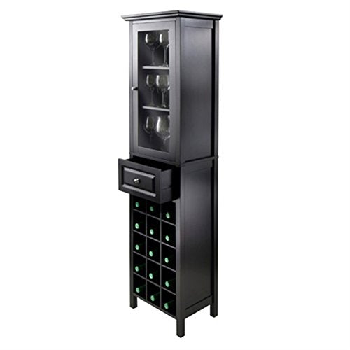 Ergode Wood Burgundy Wine Tower | Stylish & Practical Storage Solution | 15 Bottle Slots | Glass Door | 3 Shelves | Drawer | Composite Wood | Easy Assembly | (20667-VV)