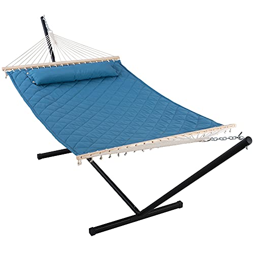Anow Double Hammock With 12 Feet Heavy Duty Steel Stand Combo, 2 Person Quilted Hammock With Stand For Outside, 450 Lbs Weight C