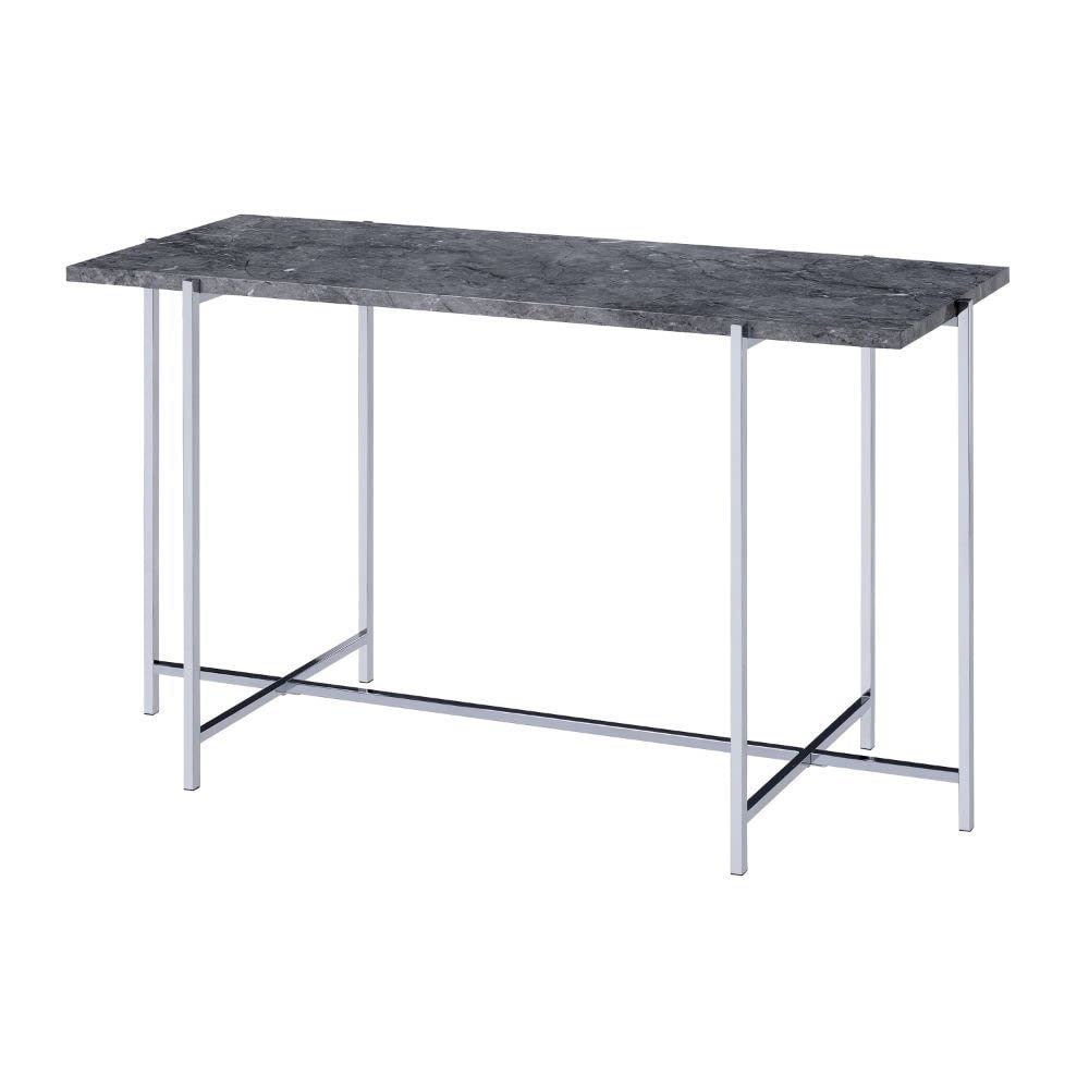 Acme Adelae Rectangular Faux Marble Top Sofa Table in Gray and Chrome