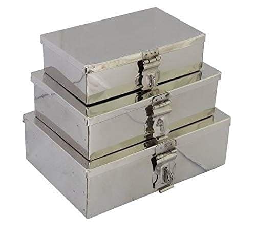GvanyS Stainless Steel Storage Boxes,Cash Peti, Pooja Peti,Organizer, Vanity Box, Safe Locker Box Set of 3 pieces  7, 8 and 9