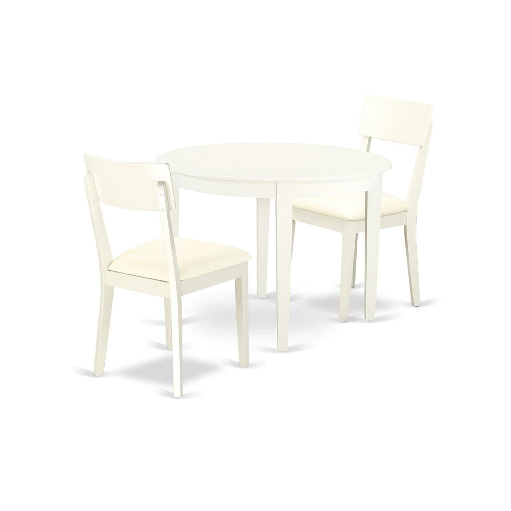 East West Furniture BOAD3-LWH-LC 3 Piece Dining Table Set for Small Spaces Contains a Round Kitchen Table and 2 Faux Leather Kitchen Dining Chairs, 42x42 Inch, Linen White