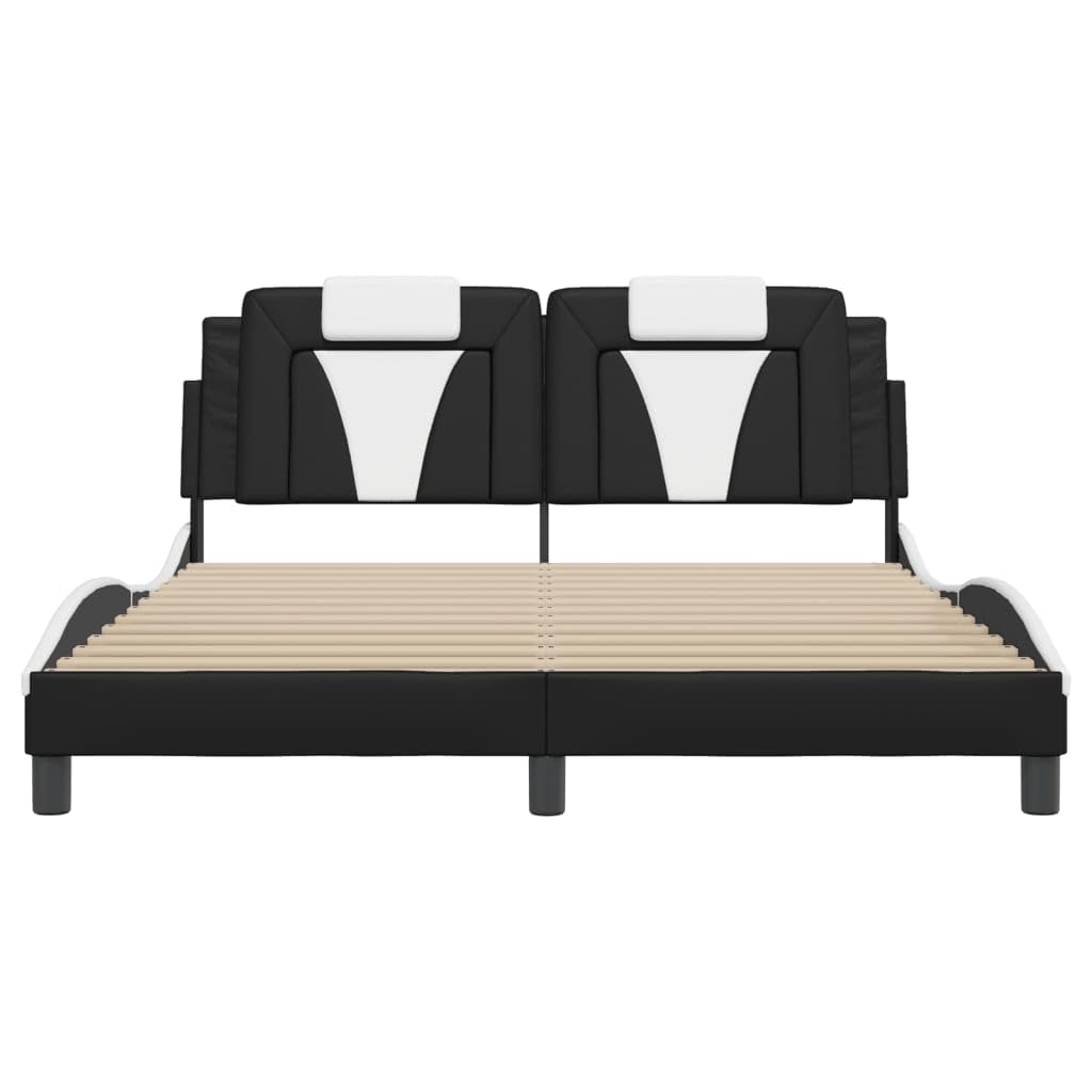 vidaXL - Queen Faux Leather Bed Frame with Headboard Black/White - Plywood Slats - Waved Side Design - 85.8"x61.8"x29.3"