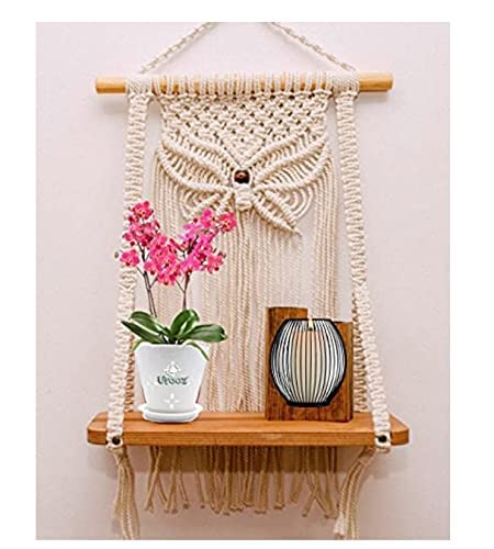 Muizz Macram Wall Hanging Shelf |930| Indoor Boho Wall Decor For Bedroom, Wood Hanging Shelf Organizer, Handmade Woven Cotton Ro