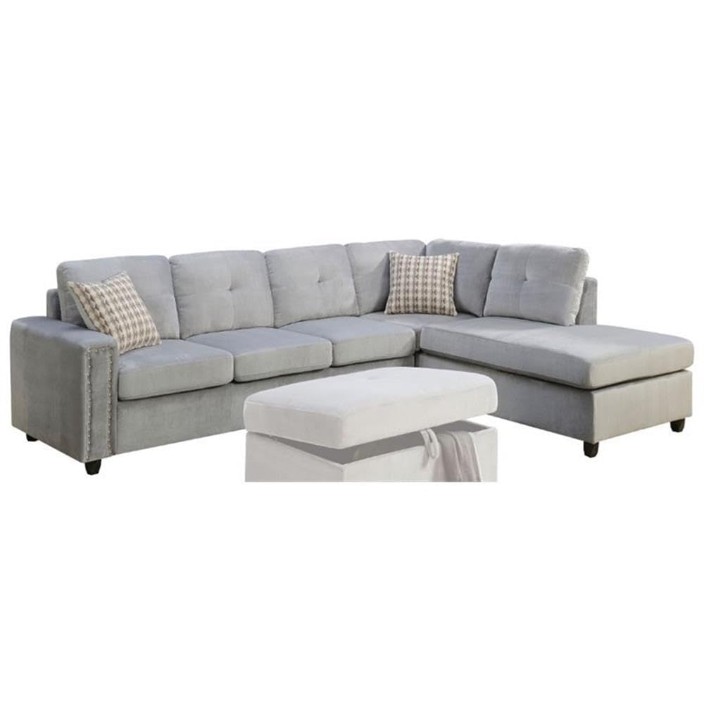 Acme Belville Velvet Sectional With Pillow In Gray