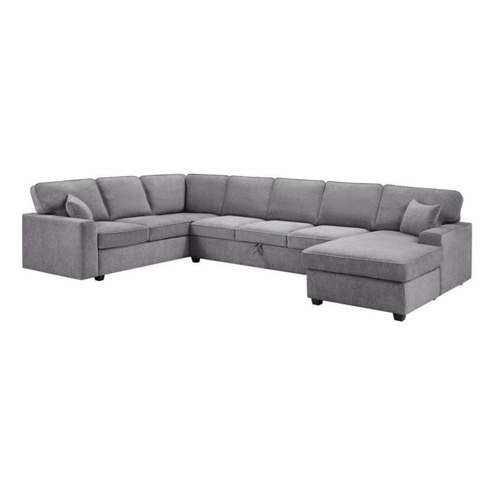 Lilola Home Samara 137" W Gray Chenille Sectional Sofa with Right-Facing Chaise, Underseat Storage, Throw Pillows