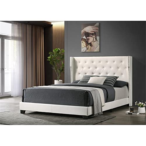 Best Quality Furniture Panel Bed, Eastern King, White Faux Leather