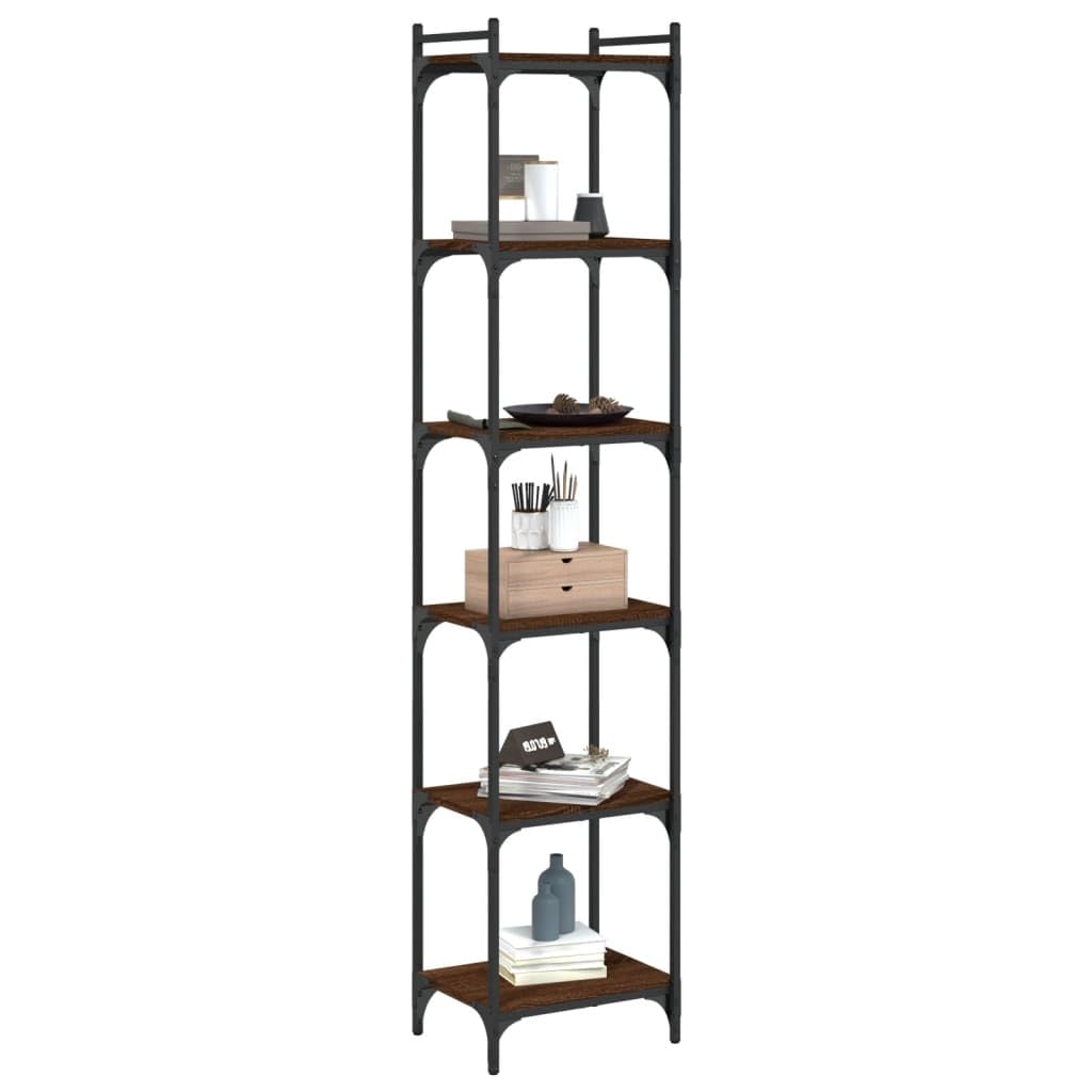 vidaXL Engineered Wood Bookcase - 6-Tier Book Rack with Adjustable Feet and Metal Frame - Brown Oak - Freestanding Shelf Storage Unit for Home or Office