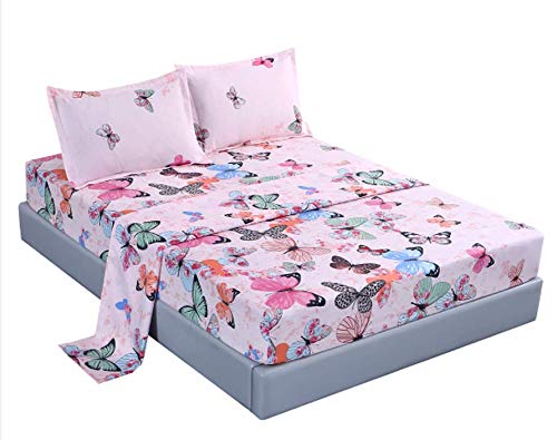 Mag Home Microfiber Bed Sheet Queen Size Butterfly Bedding Sheet Set 1 Flat & 1 Fitted Sheet With 2 Pillowcase, 14    Deep