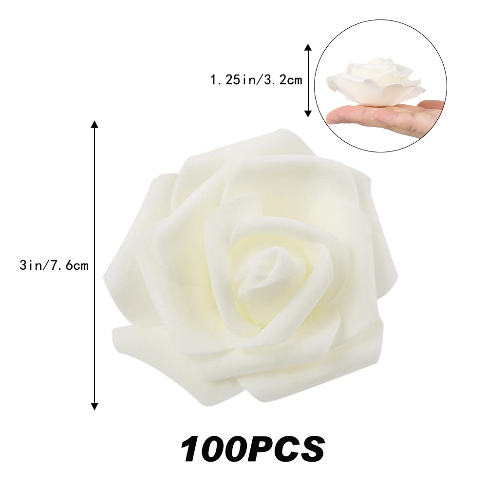 Artificial Rose Flowers, 100 Pcs Foam Rose Bulk Ivory Fake Flower Heads For Diy Wedding Bouquets Rose Wall Kissing Balls Bridal