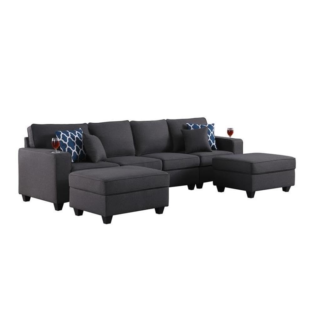 Lilola Home Cooper Dark Gray Linen 4-Seater Sofa with 2 Ottomans and Cupholder