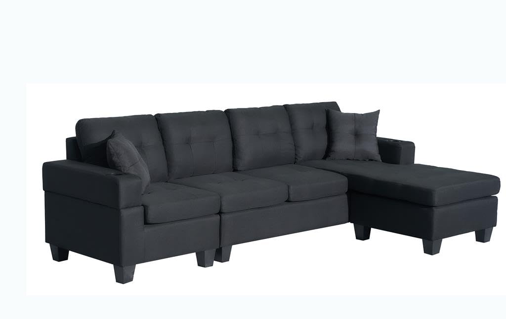 Lilola Home Nala Black Fabric 97" Wide Reversible Sectional Sofa with Cupholders and 2 Throw Pillows