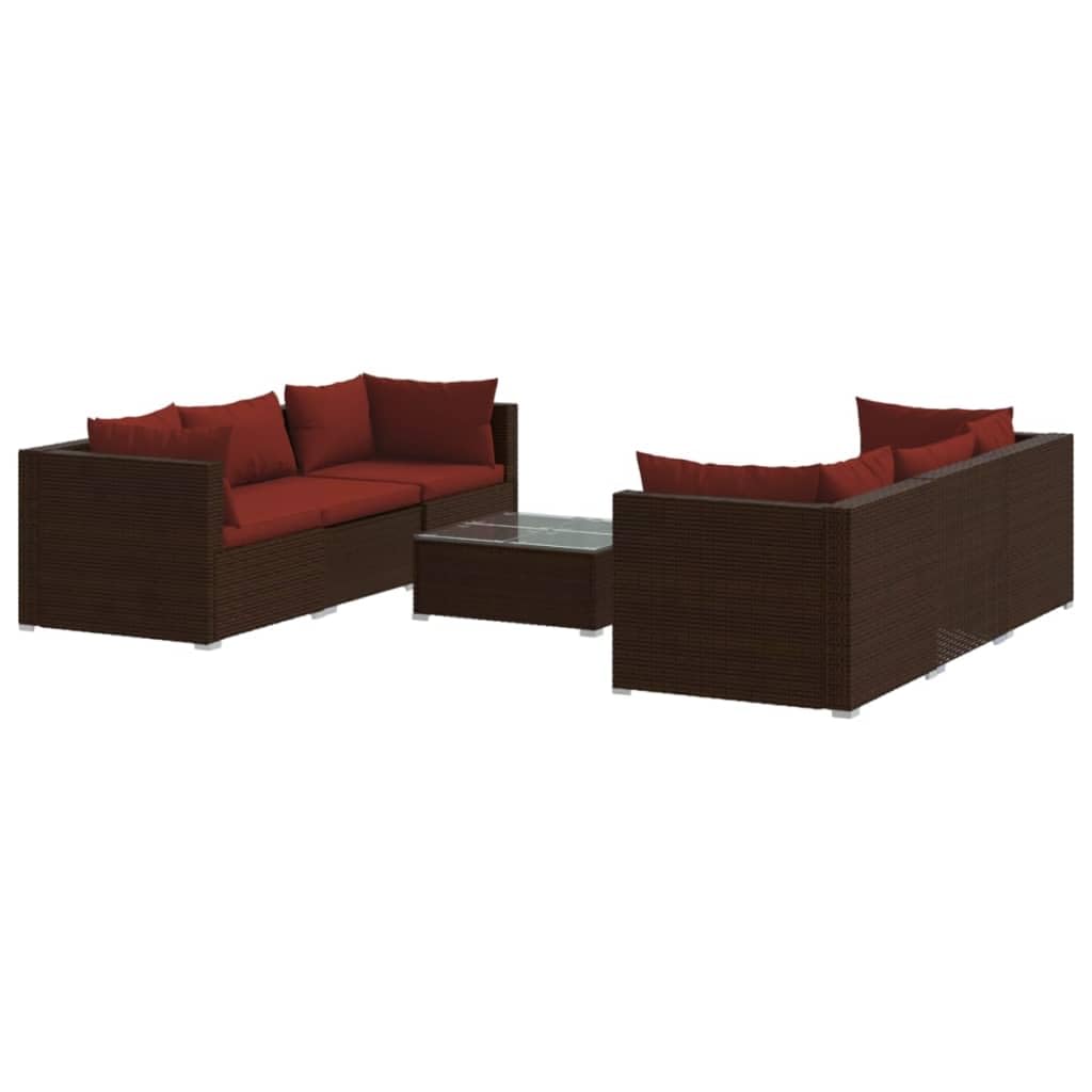 vidaXL 7-Piece Outdoor Lounge Set with Cushions, Poly Rattan Patio Furniture Set with Modular Design, Water-Resistant PE Rattan and Powder-Coated Steel Frame, Brown with Cinnamon Red Cushions