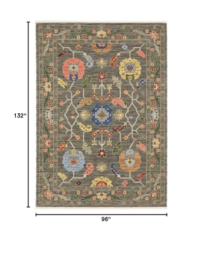 HomeRoots 509308 8 x 11 ft. Gray Blue Pink Orange Rust Red Green & Ivory Oriental Power Loom Stain Resistant Rectangle Area Rug with Fringe