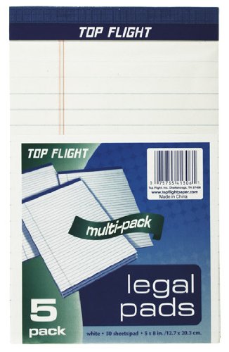 Top Flight Legal Pads, 5 X 8 Inches, .375 Inch Rule, White, 50 Sheets Per Pad, 5 Pads Per Pack (4513106)