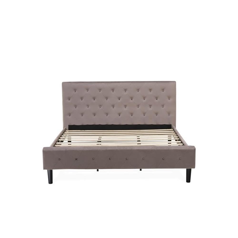 East West Furniture NLF-14-K Nolan Platform Bed Frame - Button Tufted Brown Taupe Velvet Fabric Upholstered Headboard & Footboard, Black Legs, King Size