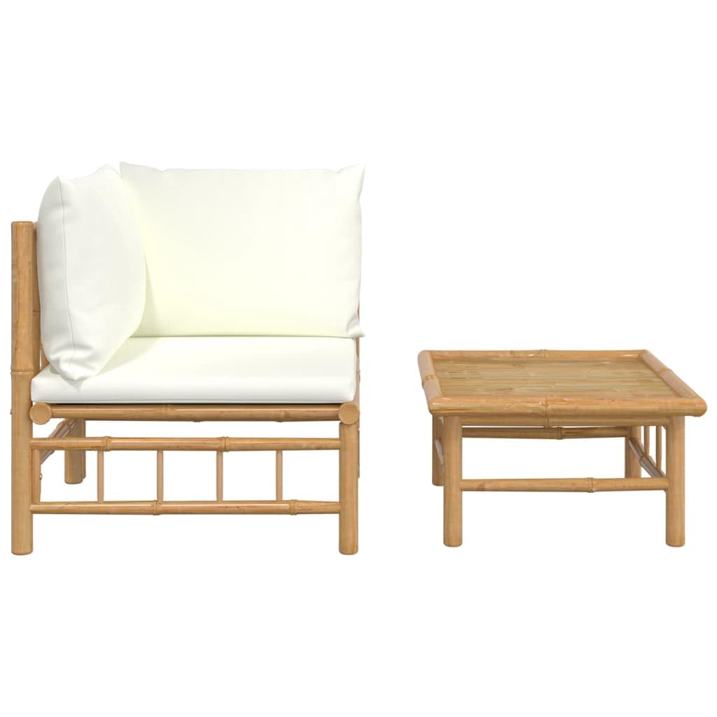 vidaXL 2-Piece Bamboo Patio Lounge Set with Cream White Cushions - Sturdy Outdoor Furniture with Modular Design and Comfortable Seating Experience