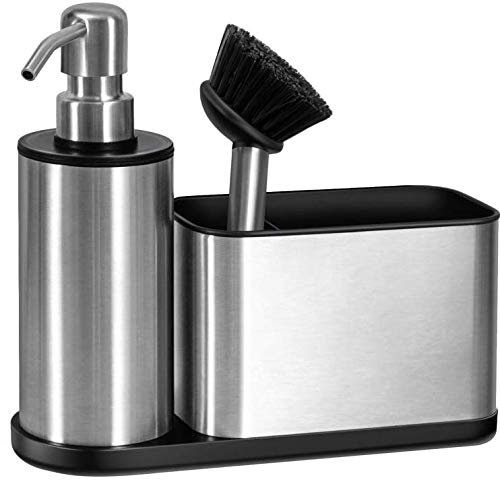 ODesign Bathroom Dish Soap Dispensers with Caddy (A Spare Brush Included) Kitchen Sink Organizer Sponge Holder for Countertop St