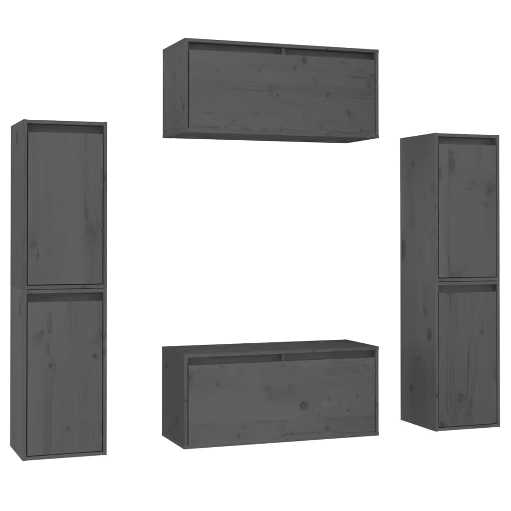 Vidaxl Tv Stand 6 Pcs, Wall Mounted Entertainment Center Tv Console With Storage, Floating Tv Stand For Living Room Bedroom, Gray Solid Wood Pine