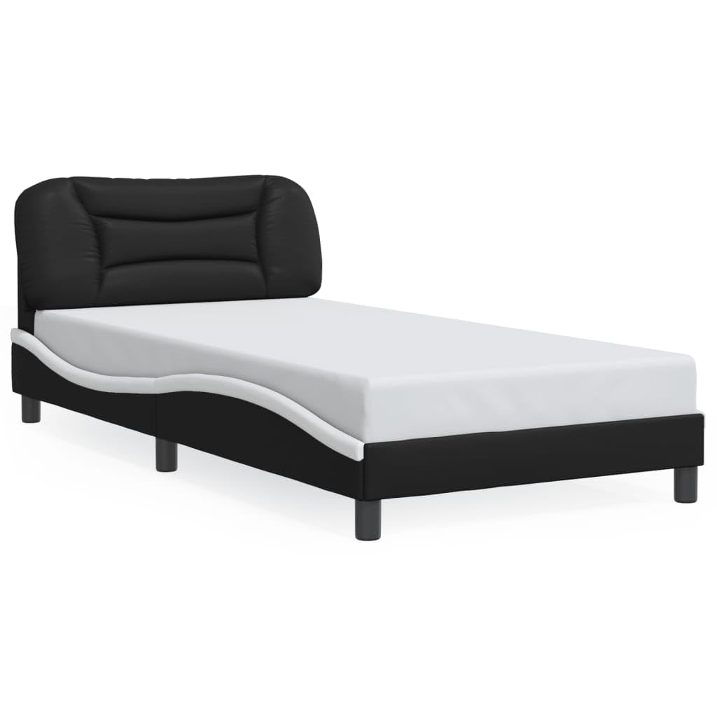 vidaXL Twin Faux Leather Bed Frame with Ultra-Soft Headboard - Black and White, Plywood Slats & Stylish Waved Side Design