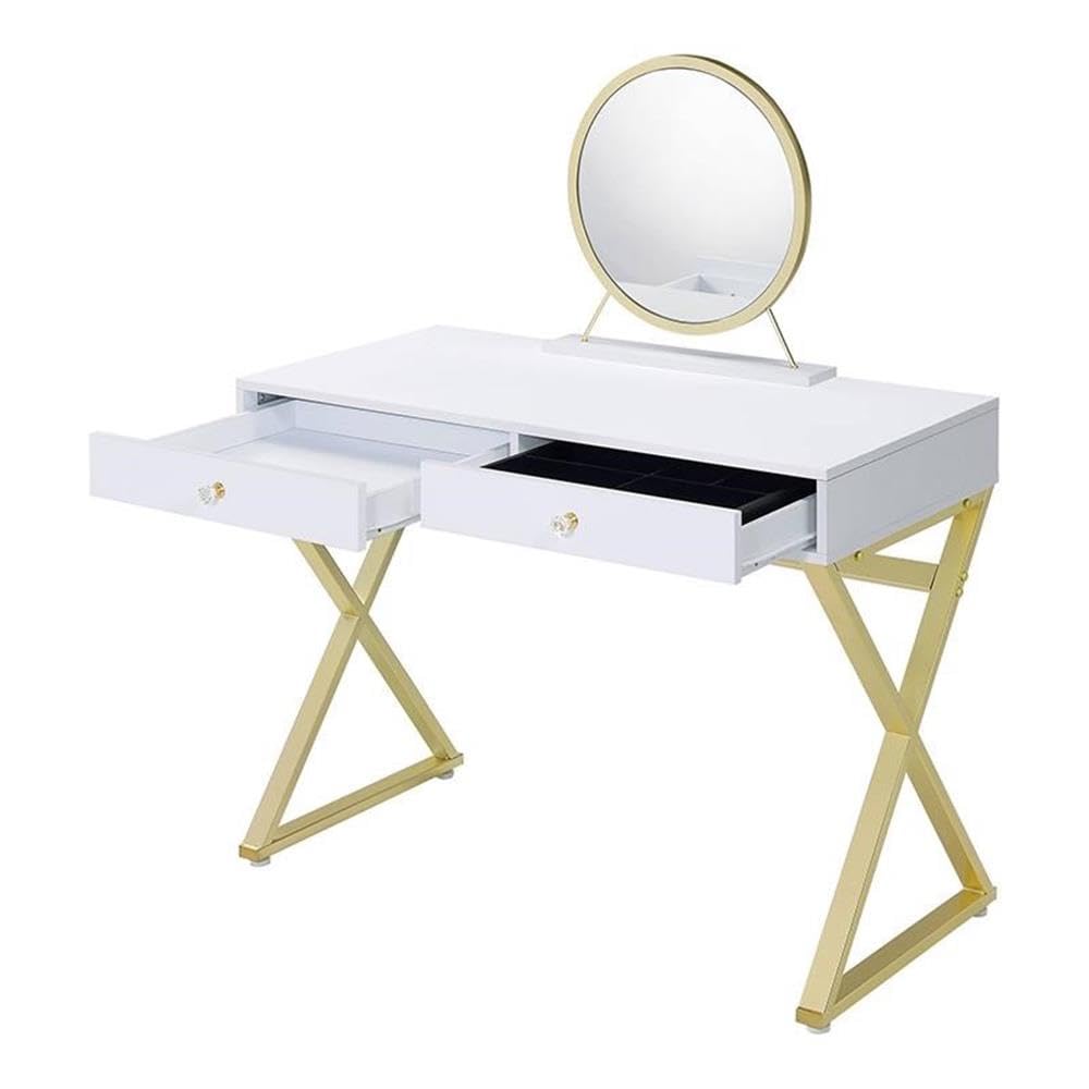 Acme Coleen 2 Wooden Drawers Vanity Desk with Jewelry Tray in White and Gold