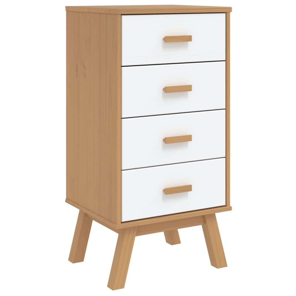 vidaXL Olden Bedside Cabinet in White/Brown - Solid Pine Wood Nightstand with 4 Drawers, Scandinavian Charm, Wax Finish, Ample Storage, Wooden Feet, Home Bedroom Furniture