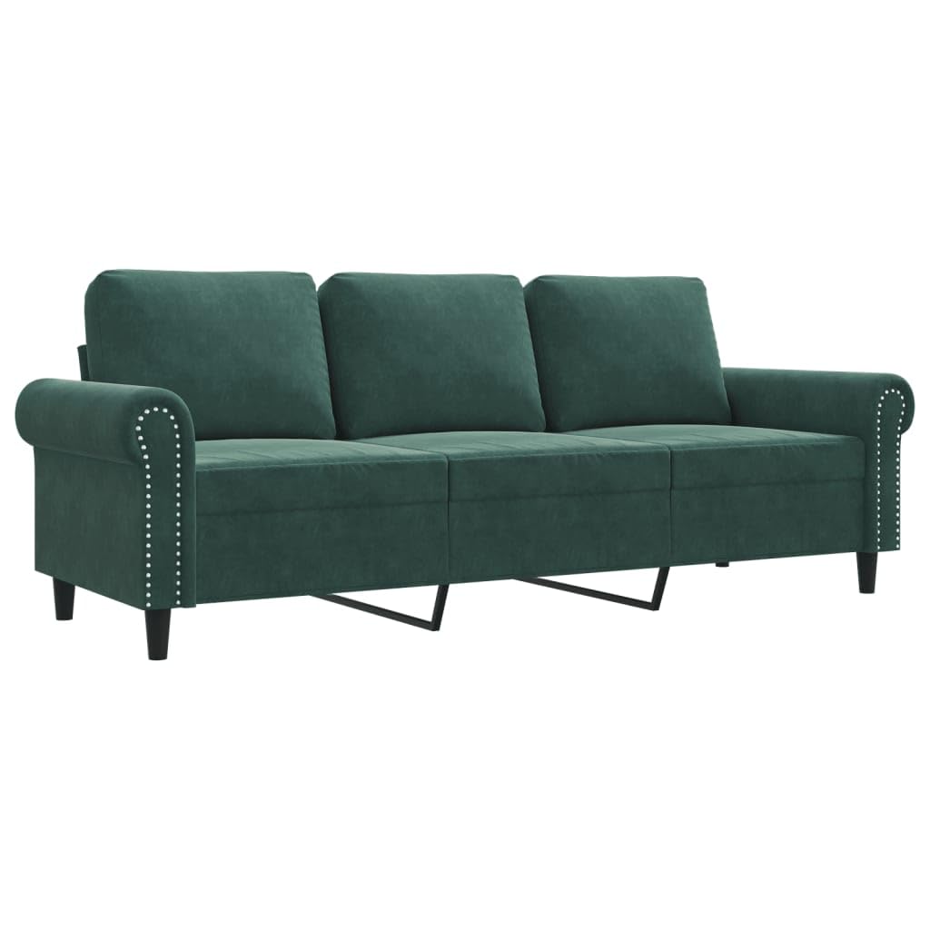 vidaXL 3-Seater Velvet Sofa with Thickly Padded Seats - Dark Green Sofa for Living Room, Lounge, Office with Sturdy Metal Frame
